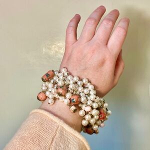 Vintage expansion bracelet pink glass pearls, porcelain beads,cha cha bracelet